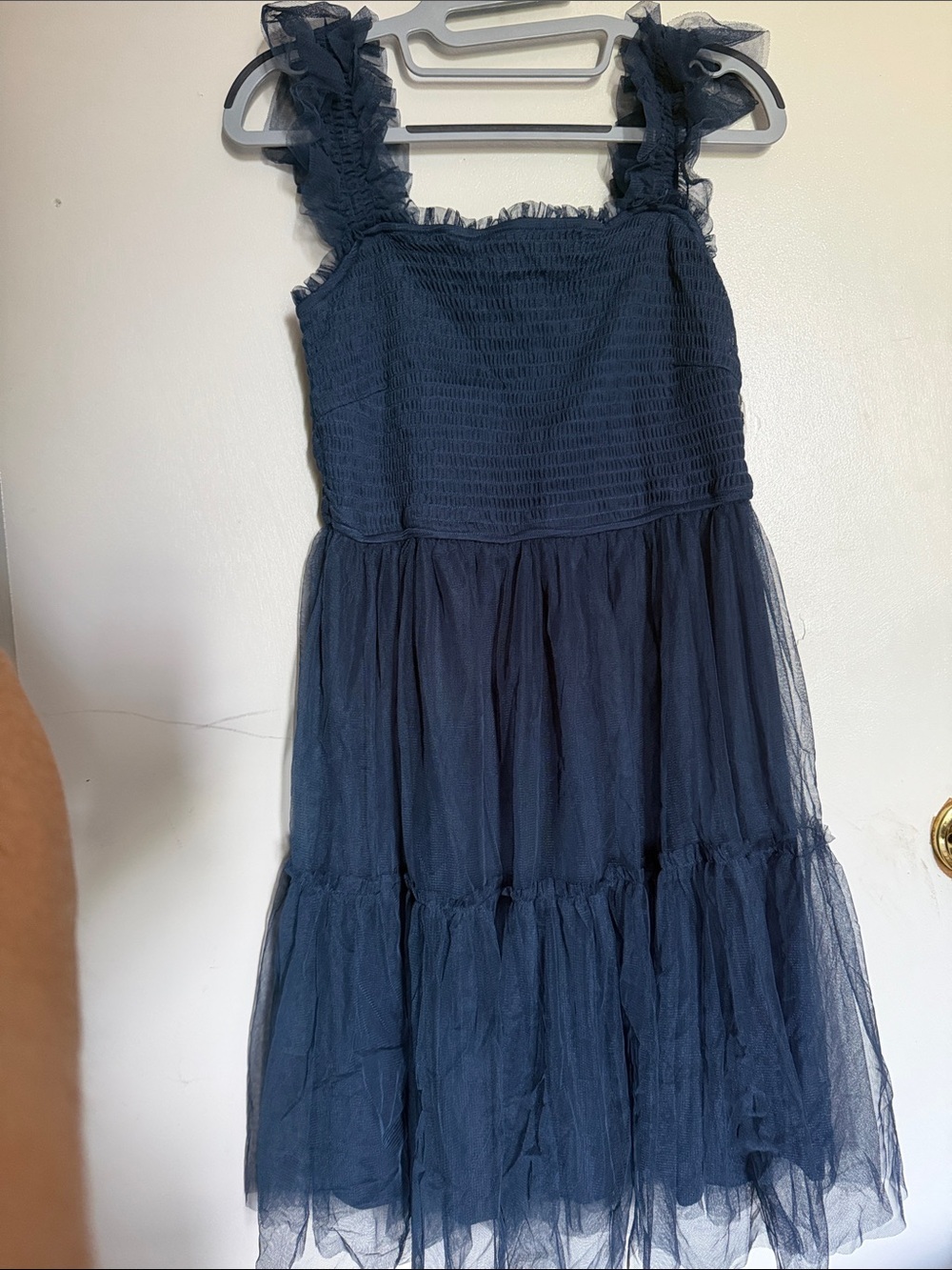 Womens Navy Ruffled Tulle Dress with Smocked Bodice